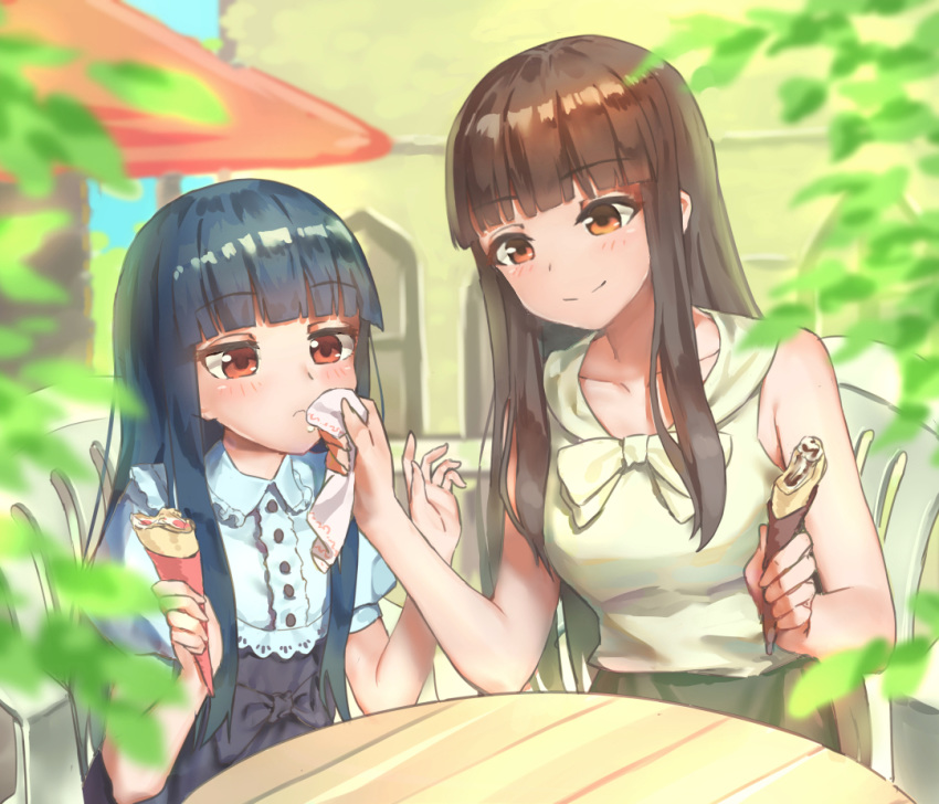 2girls bangs beige_shirt black_dress black_hair blue_hair blunt_bangs blush breasts brown_eyes commentary_request crepe dress eyebrows_visible_through_hair food frown holding holding_food idolmaster idolmaster_cinderella_girls idolmaster_cinderella_girls_starlight_stage kurokawa_chiaki long_hair medium_breasts multiple_girls red_eyes sajou_yukimi shirt shoukichi_(shony) sitting smile table white_dress