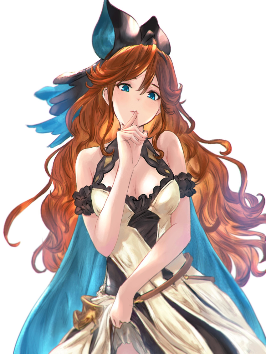 1girl absurdres armband blue_cape blue_eyes breasts cape cleavage cleavage_cutout dress dress_lift eyebrows eyebrows_visible_through_hair finger_to_mouth frills granblue_fantasy hair_ribbon headband highres lips long_hair looking_down medium_breasts older orange_hair ribbon sara_(granblue_fantasy) sassakntm solo wavy_hair