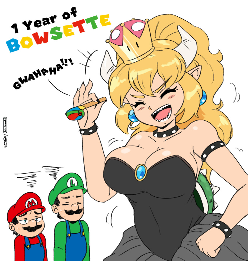 2019 alternate_species blonde_hair bowser bowsette_meme breasts cleavage clothed clothing crossgender crown digital_media_(artwork) ear_piercing english_text eyes_closed facial_hair female group hair hat headgear headwear hi_res holding_object horn human humanoid humanoid_pointy_ears humanoidized joaoppereiraus luigi male mammal mario mario_bros mustache nintendo open_mouth overalls piercing simple_background super_crown teeth text video_games white_background