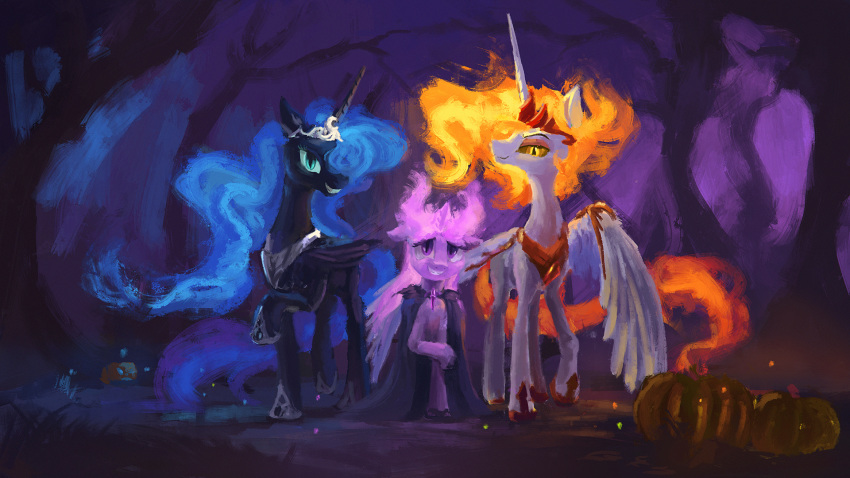 16:9 amber_eyes blue_eyes blue_hair cape clothing daybreaker_(mlp) equid ethereal_hair female fire flaming_hair food forest friendship_is_magic fruit group hair hi_res horn mammal my_little_pony night nightmare_moon_(mlp) plainoasis plant pseudo_hair pumpkin purple_eyes purple_theme slit_pupils tree twilight_sparkle_(mlp) winged_unicorn wings