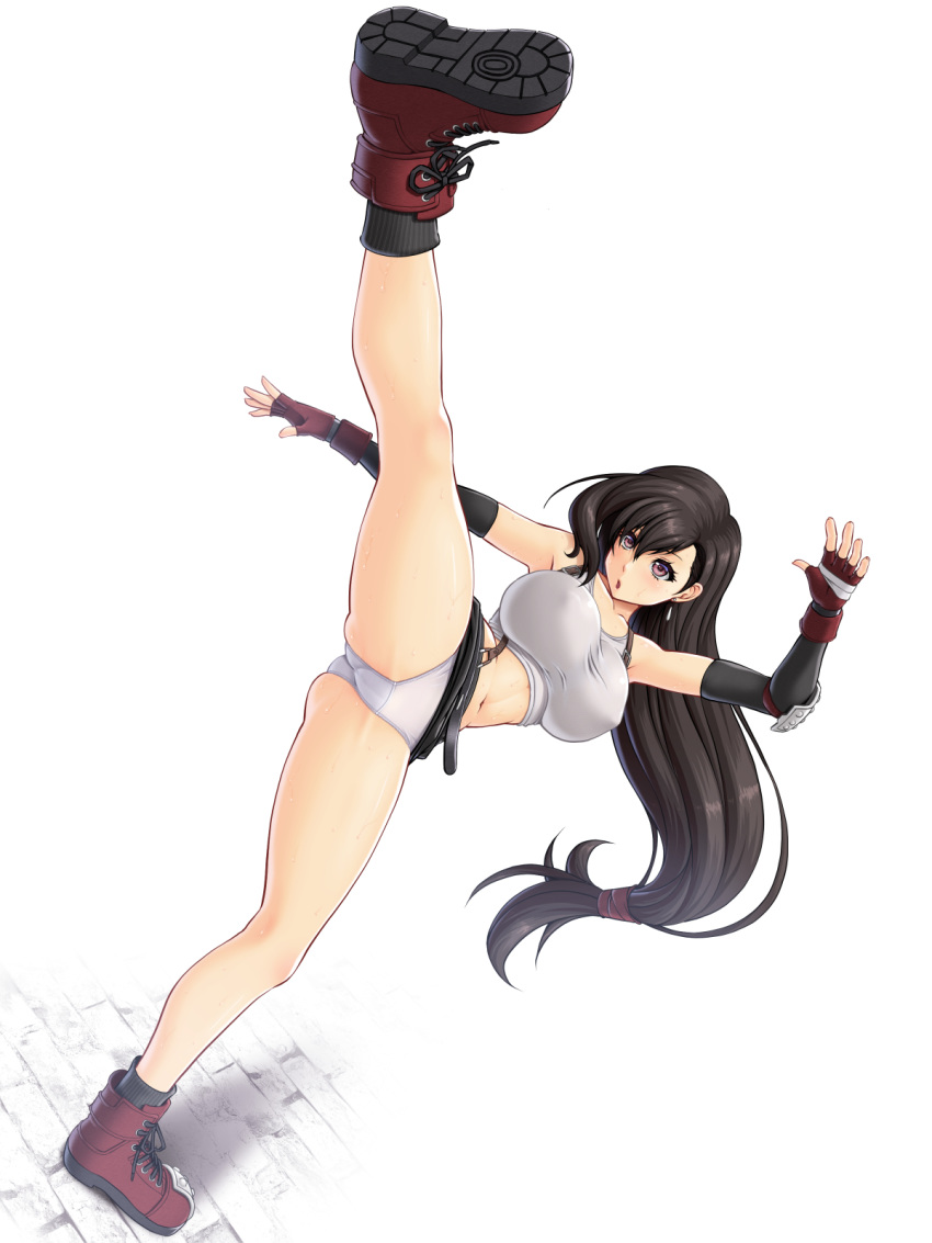 1girl abu bare_legs black_hair black_skirt breasts brown_eyes covered_nipples final_fantasy final_fantasy_vii fingerless_gloves full_body gloves high_kick highres kicking large_breasts long_hair low-tied_long_hair midriff miniskirt navel open_mouth panties red_footwear red_gloves shoes simple_background skirt solo standing standing_on_one_leg tifa_lockhart underwear upskirt white_background white_panties