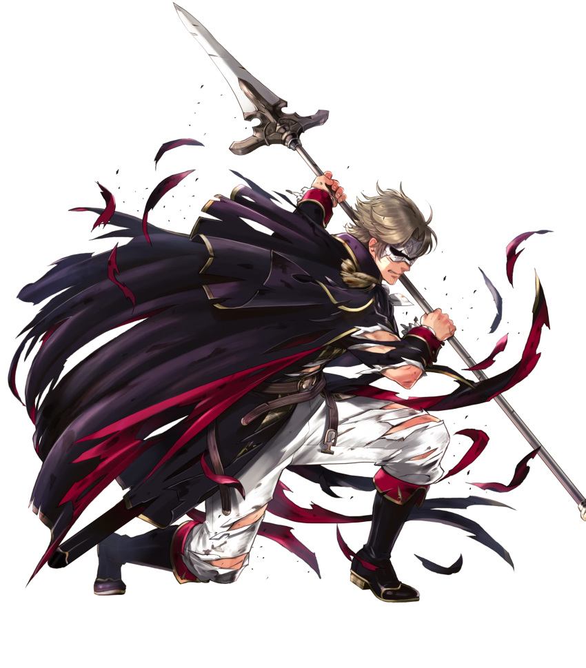 1boy belt blonde_hair boots camus_(fire_emblem) cape epaulettes fire_emblem fire_emblem:_mystery_of_the_emblem fire_emblem_heroes full_body highres injury mask official_art polearm solo spear suekane_kumiko sword teeth torn_clothes transparent_background weapon