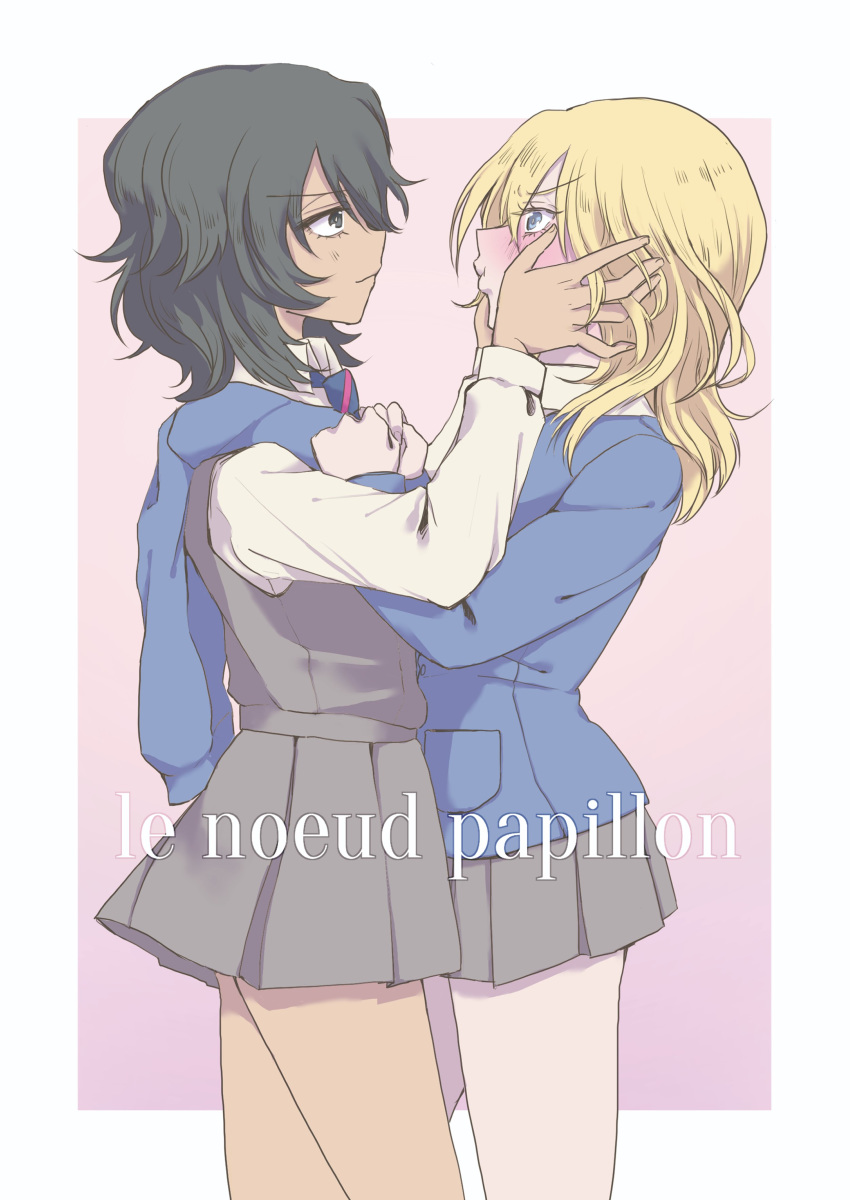 2girls absurdres andou_(girls_und_panzer) bangs bc_freedom_school_uniform black_eyes black_hair blonde_hair blue_eyes blush border dark_skin girls_und_panzer hand_on_another's_face highres long_sleeves looking_at_another medium_hair messy_hair multiple_girls necktie oshida_(girls_und_panzer) school_uniform simple_background smile sweater sweater_around_neck thighs white_border xxxnotaxxx yuri