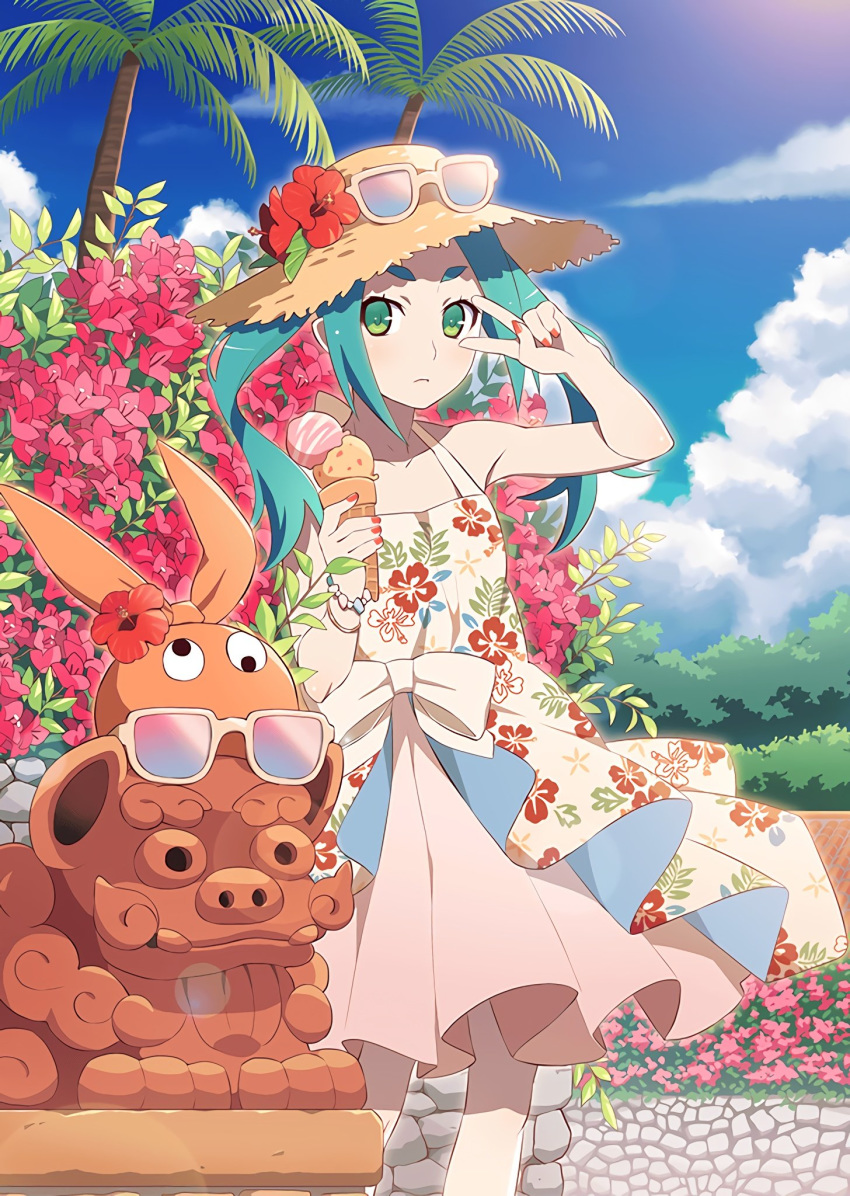 1girl aqua_hair closed_mouth day dress eyebrows eyewear_on_headwear floral_print flower food green_eyes hat hat_flower hibiscus highres ice_cream ice_cream_cone looking_at_viewer monogatari_(series) monogatari_series_puc_puc official_art ononoki_yotsugi palm_tree red_nails short_eyebrows solo straw_hat sun_hat sundress sunglasses thick_eyebrows tree tropical twintails v v_over_eye watanabe_akio