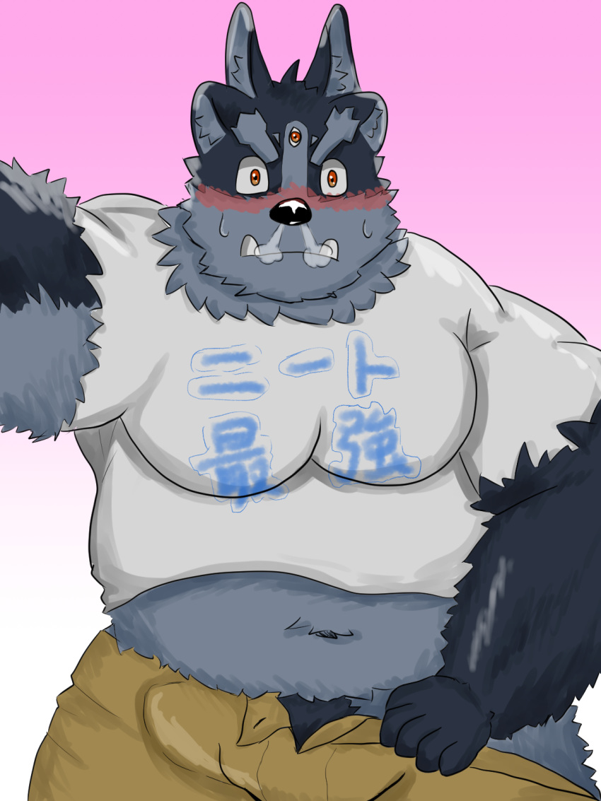 2019 @エス anthro belly big_belly blush bodily_fluids clothing fupa hi_res male multi_ear navel open_pants overweight pubes solo sweat tokyo_afterschool_summoners tsathoggua undressing video_games wide_hips