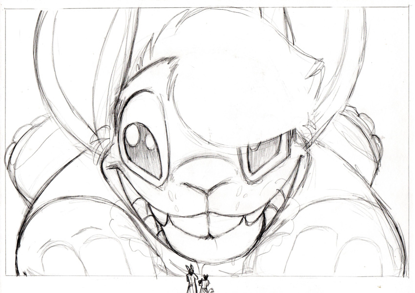 2019 absurd_res alien anthro bodily_fluids disney drooling dy-2861 dylan_roberts dylbun experiment_(lilo_and_stitch) fan_character graphite_(artwork) group hair hi_res inner_ear_fluff lagomorph lilo_and_stitch looking_at_another lying macro mammal on_front pencil_(artwork) saliva smile solo_focus standing story story_in_description tongue tongue_out traditional_media_(artwork)