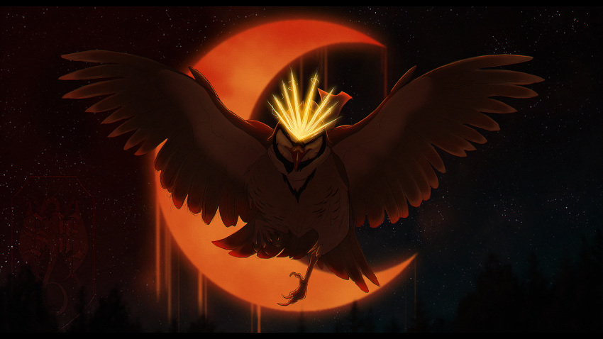 16:9 2019 ambiguous_gender avian beak bird black_bars brown_feathers detailed_background digital_media_(artwork) feathered_wings feathers feral flying hi_res night outside sinistereternity sky solo star starry_sky wings