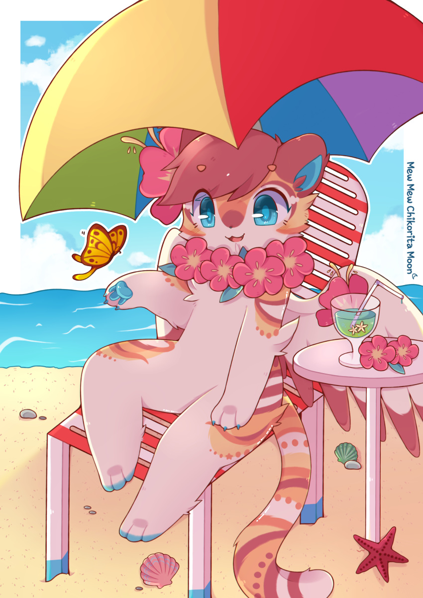 3_fingers 3_toes absurd_res anthro arthropod beach beverage blue_eyes blue_pawpads butterfly chair chikorita_moon cloud felid fingers fur hi_res insect kemono lei lepidopteran mammal nude open_mouth pantherine pawpads sand sea seaside sitting sky smile tiger toes umbrella water wings
