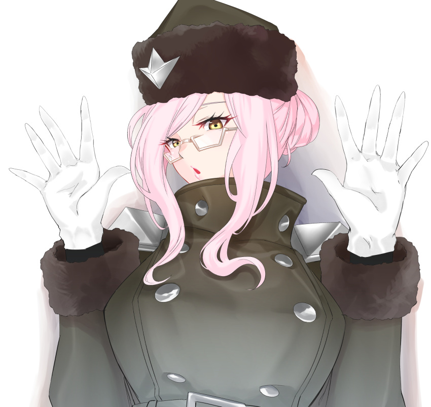 1girl bangs blush breasts buttons fate/grand_order fate_(series) fur_hat glasses gloves green_jacket hands_up hat highres jacket koyanskaya large_breasts long_hair looking_at_viewer open_mouth pink_hair saru_(pixiv13751598) sidelocks solo swept_bangs tied_hair white_background white_gloves yellow_eyes