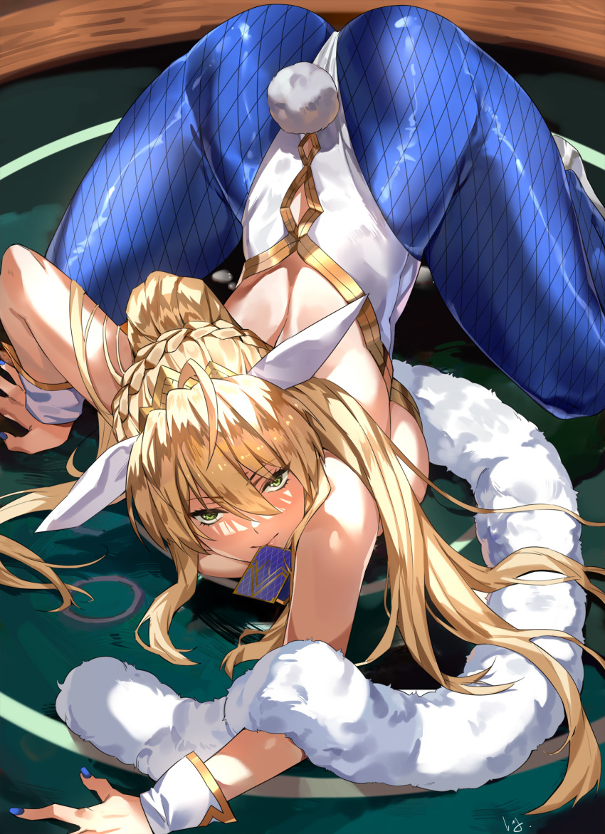 1girl ahoge all_fours animal_ears artoria_pendragon_(all) artoria_pendragon_(swimsuit_ruler)_(fate) ass blonde_hair blue_legwear breasts bunny_ears bunny_tail bunnysuit detached_collar fate/grand_order fate_(series) fishnets green_eyes hair_between_eyes highres indoors large_breasts leotard long_hair looking_at_viewer mouth_hold nail_polish nanaya_(daaijianglin) necktie paid_reward pantyhose patreon_reward ponytail shiny shiny_clothes shiny_hair sidelocks tail top-down_bottom-up wrist_cuffs