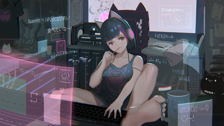 1girl animal_ears bangs barefoot black_hair blunt_bangs bottomless cat_ears closed_mouth commentary computer cyberpunk eflilies fake_animal_ears feet_on_table food head_tilt holographic_monitor indoors keyboard keyboard_(computer) looking_at_viewer messy monitor multicolored_hair original pocky purple_eyes solo straight_hair strap_slip streaked_hair tank_top