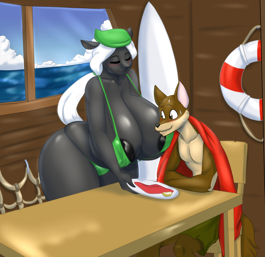 2019 5_fingers anthro areola bandanna big_breasts big_butt bikini blue_eyes blues64 blush boat bovid breasts butt canid canine canis caprine clothed clothing coyote detailed_background digital_media_(artwork) domestic_sheep duo female fingers fur hair hi_res huge_breasts hyper hyper_breasts karla_nelson_(lildredre) male male/female mammal marauder6272 open_mouth sheep sky standing surfboard swimwear thick_thighs thong vehicle water