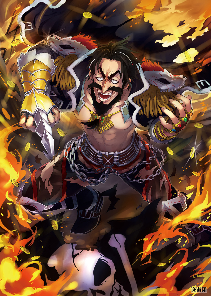 1boy beard belt black_hair burning_clothes chain coin edward_teach_(fate/grand_order) facial_hair facial_scar fate/grand_order fate_(series) fingerless_gloves fire gloves highres hook jewelry jolly_roger long_coat male_focus nose_scar pauldrons pendant ring scar torn_clothes yuuki_yuchi