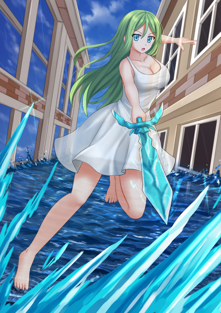 1girl bangs bare_arms bare_shoulders barefoot blue_eyes blue_sky breasts building cleavage cloud cloudy_sky collarbone commission day dress eyebrows_visible_through_hair green_hair hair_between_eyes highres holding holding_sword holding_weapon kazenokaze large_breasts long_hair looking_at_viewer original outdoors sky sleeveless sleeveless_dress solo standing standing_on_one_leg sword toenails transparent v-shaped_eyebrows very_long_hair water weapon white_dress window