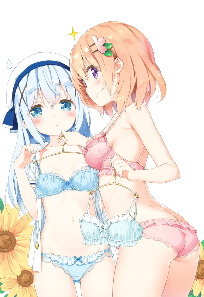 2girls 3: absurdres ass ass_visible_through_thighs bangs bare_arms bare_shoulders beret blue_bra blue_eyes blue_hair blue_panties blush bow bow_bra bow_panties bra breasts closed_mouth clothes_hanger clothes_in_front collarbone embarrassed eyebrows_visible_through_hair flower frilled_bra frilled_panties frills gochuumon_wa_usagi_desu_ka? groin hair_between_eyes hair_ornament hairclip hat highres holding hoto_cocoa huge_filesize kafuu_chino light_brown_hair long_hair looking_at_viewer looking_back medium_breasts multiple_girls navel no_bra open_clothes open_shirt panties peko pink_bra pink_panties polka_dot polka_dot_bra polka_dot_panties purple_eyes scan shirt short_sleeves simple_background small_breasts smile sparkle stomach sweatdrop underwear underwear_only very_long_hair white_background white_headwear white_shirt x_hair_ornament yellow_flower