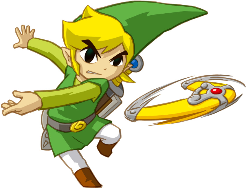 belt black_eyes blonde_hair boomerang boots clenched_teeth clothed clothing eyebrows eyebrows_visible_through_hair hair hat highres holding holding_weapon human link male male_focus motion_lines nintendo official_art pants pointy_ears sheath sheathed shield solo solo_focus speed_lines spirit_tracks sword the_legend_of_zelda the_legend_of_zelda:_spirit_tracks throwing toon_link toon_zelda tunic weapon