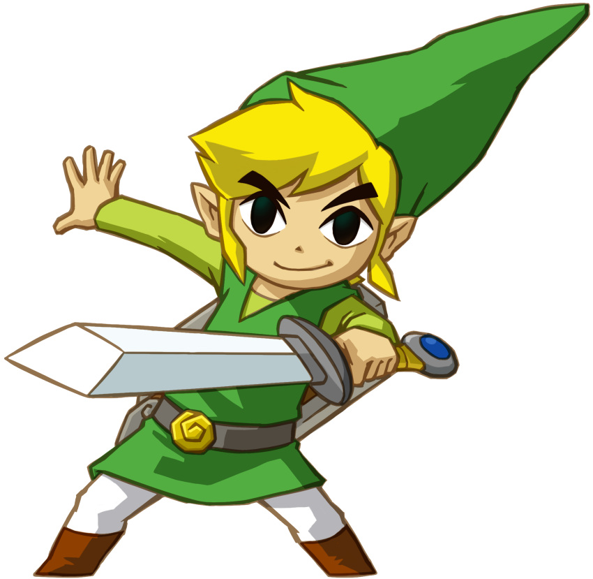 belt black_eyes blonde_hair boots clothed clothing eyebrows eyebrows_visible_through_hair hair hat highres holding holding_weapon human link looking_at_viewer nintendo official_art pants pointy_ears sheath shield smile spirit_tracks sword the_legend_of_zelda the_legend_of_zelda:_spirit_tracks toon_link toon_zelda tunic weapon
