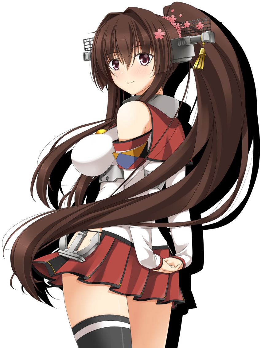 1girl anchor black_legwear breasts brown_hair commentary_request cowboy_shot detached_sleeves flower hair_flower hair_ornament headgear highres hip_vent kantai_collection light_smile long_hair looking_at_viewer looking_back miniskirt pleated_skirt ponytail purple_eyes rappa_(rappaya) red_skirt sidelocks simple_background single_thighhigh skirt solo thighhighs white_background yamato_(kantai_collection)