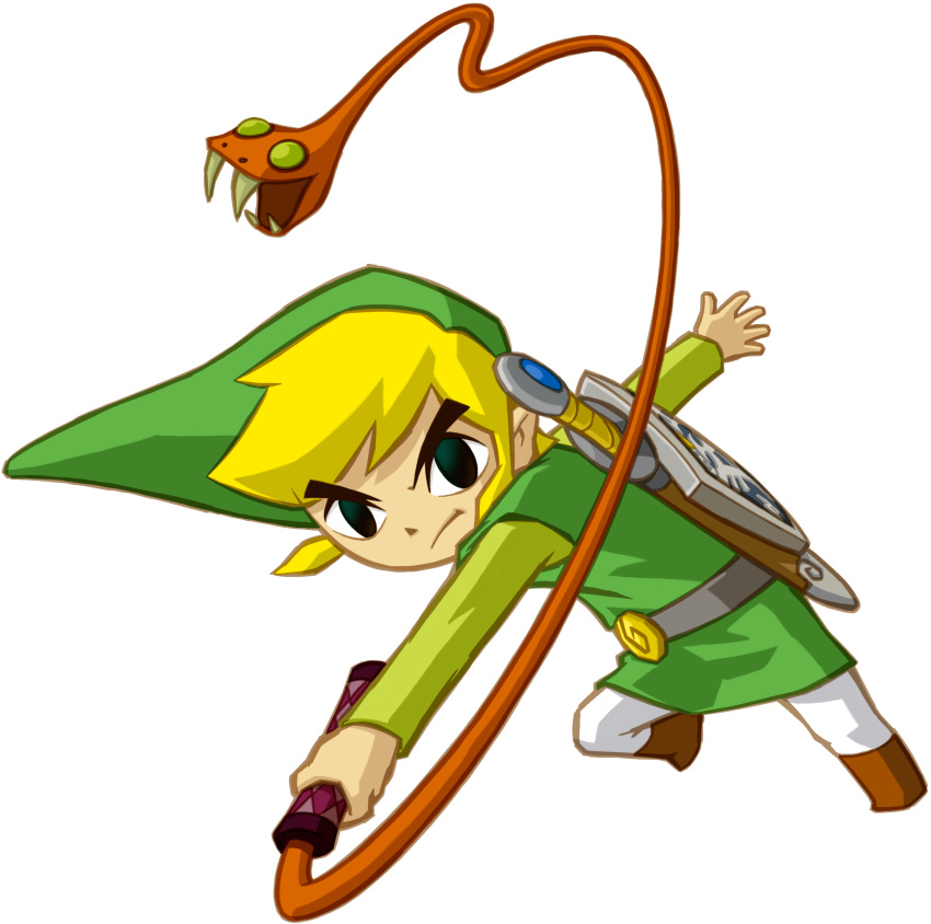 belt black_eyes blonde_hair boomerang boots clothed clothing eyebrows eyebrows_visible_through_hair hair hat highres holding holding_weapon human link looking_at_viewer male male_focus nintendo official_art pants pointy_ears sheath sheathed shield snake solo solo_focus spirit_tracks sword the_legend_of_zelda the_legend_of_zelda:_spirit_tracks throwing toon_link toon_zelda tunic weapon whip