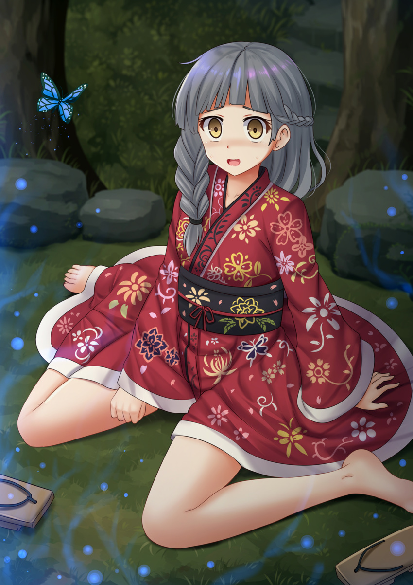 1girl animal bangs barefoot braid brown_eyes brown_footwear bug butterfly commission fingernails floral_print geta grass grey_hair hair_over_shoulder highres insect japanese_clothes kazenokaze kimono long_hair long_sleeves looking_at_viewer night obi on_grass open_mouth original outdoors print_kimono red_kimono sash sitting sleeves_past_wrists solo wariza wide_sleeves