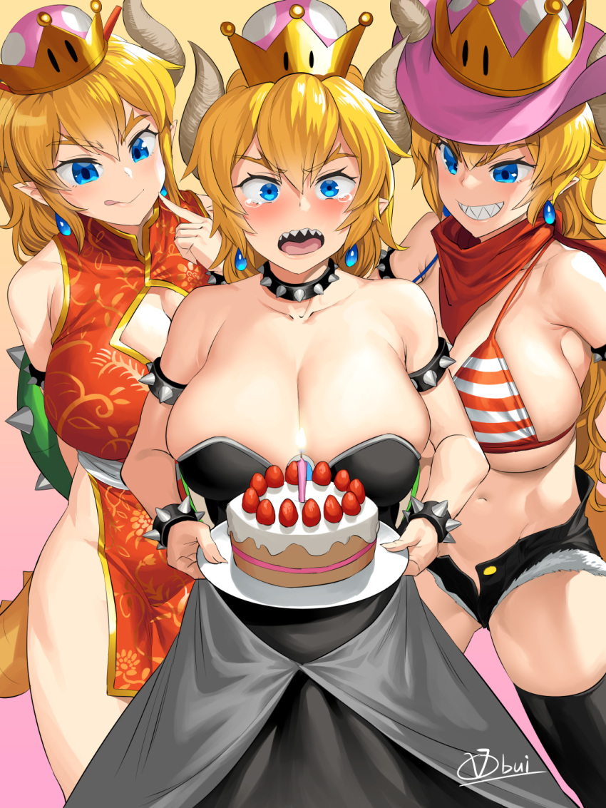 :q armlet bangs bikini_top birthday birthday_cake black_dress black_legwear blonde_hair blue_earrings blue_eyes blush bowsette bracelet breasts cake candle china_dress chinese_clothes cleavage cleavage_cutout collar cowboy_hat crown dress earrings fingernails food hat highres holding holding_plate horns horns_through_headwear jewelry large_breasts long_fingernails long_hair mario_(series) navel new_super_mario_bros._u_deluxe obui open_mouth plate pointy_ears sharp_teeth shorts signature spiked_armlet spiked_bracelet spiked_collar spikes strapless strapless_dress striped striped_bikini_top super_crown tearing_up tears teeth thighhighs tongue tongue_out