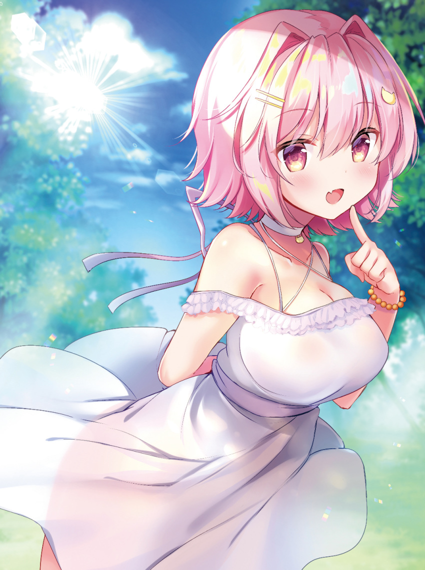 1girl alternate_costume arm_behind_back bangs blush breasts cat_hair_ornament choker cleavage cloud collarbone day dress eyebrows_visible_through_hair fang hair_ornament hairclip highres jewelry kantai_collection large_breasts masayo_(gin_no_ame) off_shoulder open_mouth outdoors pink_hair red_eyes ribbon see-through short_hair skin_fang sky solo tama_(kantai_collection) tree white_dress
