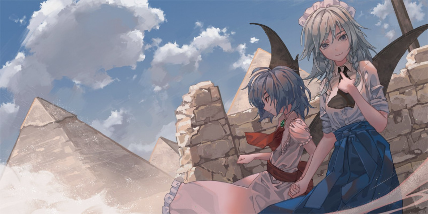 2girls ascot bangs bat_wings black_neckwear blue_hair blue_skirt blue_sky braid brooch cloud commentary_request cowboy_shot day dress dutch_angle egyptian frilled_shirt_collar frills from_side grey_eyes grin hair_between_eyes hand_on_own_chest highres holding_hands izayoi_sakuya jewelry maachi_(fsam4547) maid_headdress multiple_girls no_hat no_headwear outdoors parted_lips petticoat pink_dress profile puffy_short_sleeves puffy_sleeves pyramid red_eyes red_neckwear red_sash remilia_scarlet sash short_hair short_sleeves silver_hair skirt sky smile standing touhou twin_braids wings
