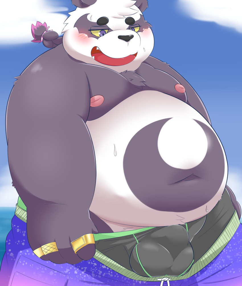 2019 alp_(tas) anthro bake_gosut belly blush bottomwear bulge clothing fur giant_panda hi_res humanoid_hands male mammal moobs nipples overweight overweight_male pubes purple_fur shorts solo tokyo_afterschool_summoners underwear undressing ursid video_games