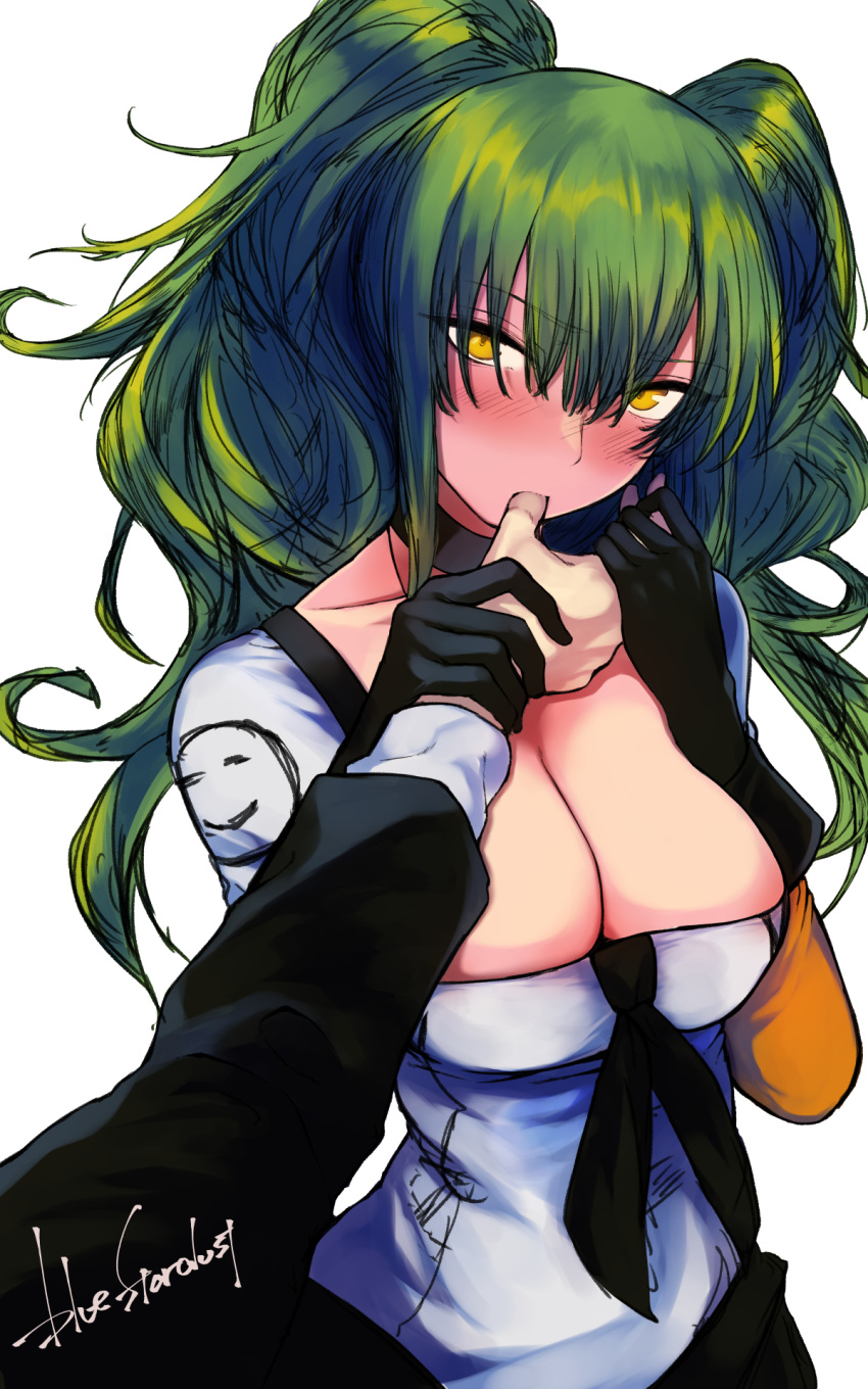1girl asymmetrical_gloves bangs black_gloves blush breasts cleavage eyebrows_visible_through_hair finger_in_another's_mouth finger_in_mouth finger_sucking girls_frontline gloves green_eyes highres kojima_(blue_stardust) large_breasts long_hair long_sleeves looking_at_viewer m950a_(girls_frontline) nose_blush out_of_frame pov sidelocks signature simple_background twintails white_background yellow_eyes