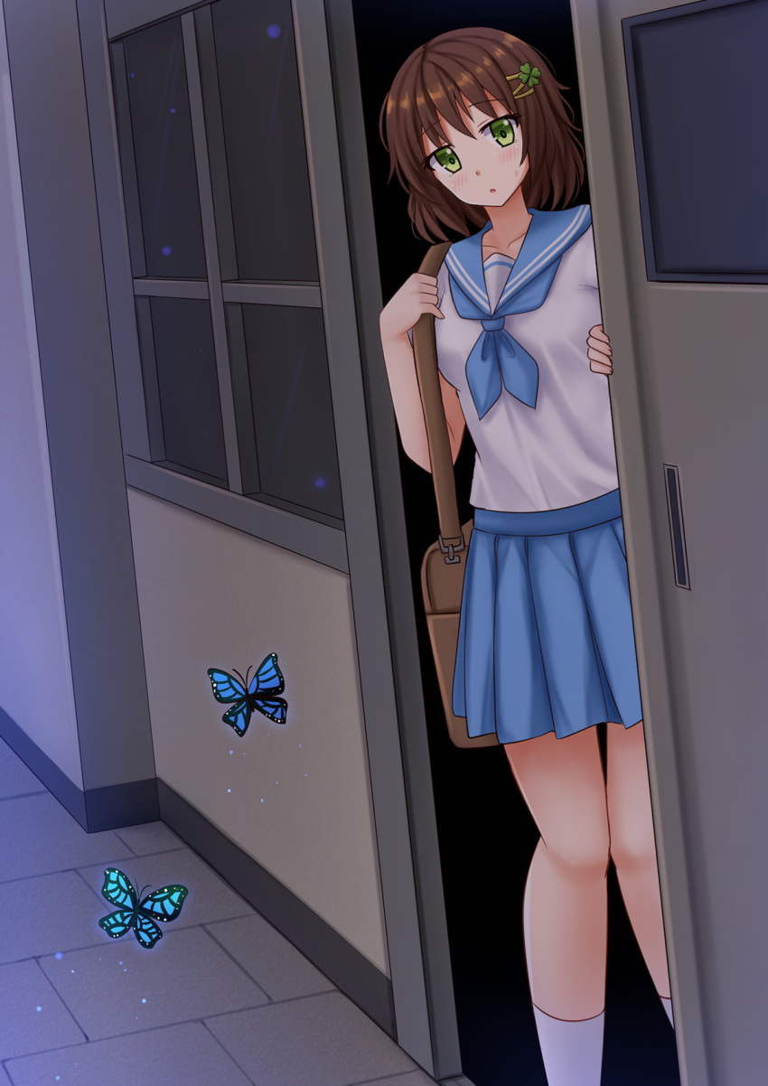 1girl :o animal bag bangs blue_neckwear blue_sailor_collar blue_sky blush breasts brown_hair bug butterfly clover_hair_ornament commission door eyebrows_visible_through_hair fingernails four-leaf_clover_hair_ornament green_eyes hair_between_eyes hair_ornament hairclip hand_up head_tilt highres holding holding_bag indoors insect kazenokaze looking_at_viewer medium_breasts neckerchief open_door original parted_lips pleated_skirt sailor_collar school_uniform serafuku shoulder_bag skirt sky sliding_doors socks solo standing white_legwear window