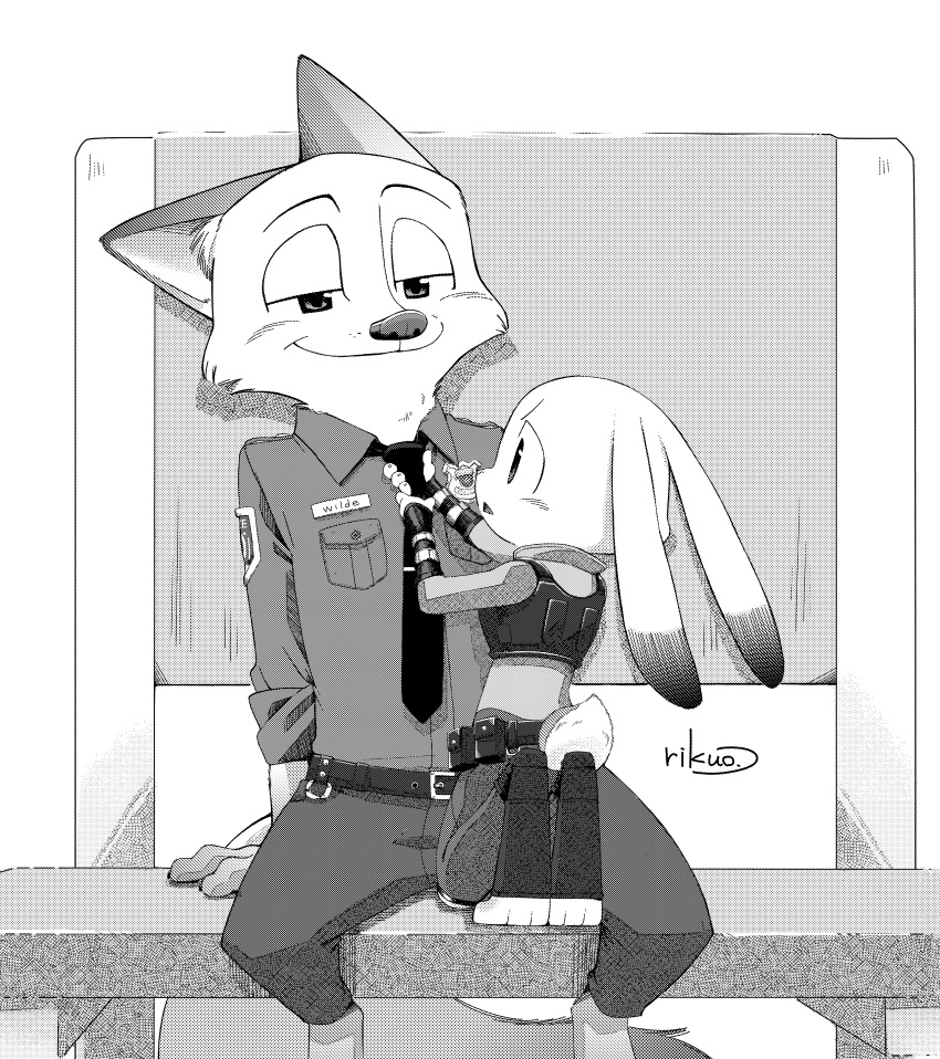 2016 absurd_res anthro canid canine clothed clothing disney duo female fox fully_clothed fur hi_res holding_object judy_hopps kneeling lagomorph leporid long_ears looking_at_viewer male mammal nick_wilde open_mouth police_uniform rabbit rear_view rikuo_(artist) sitting size_difference smile spread_legs spreading uniform zootopia