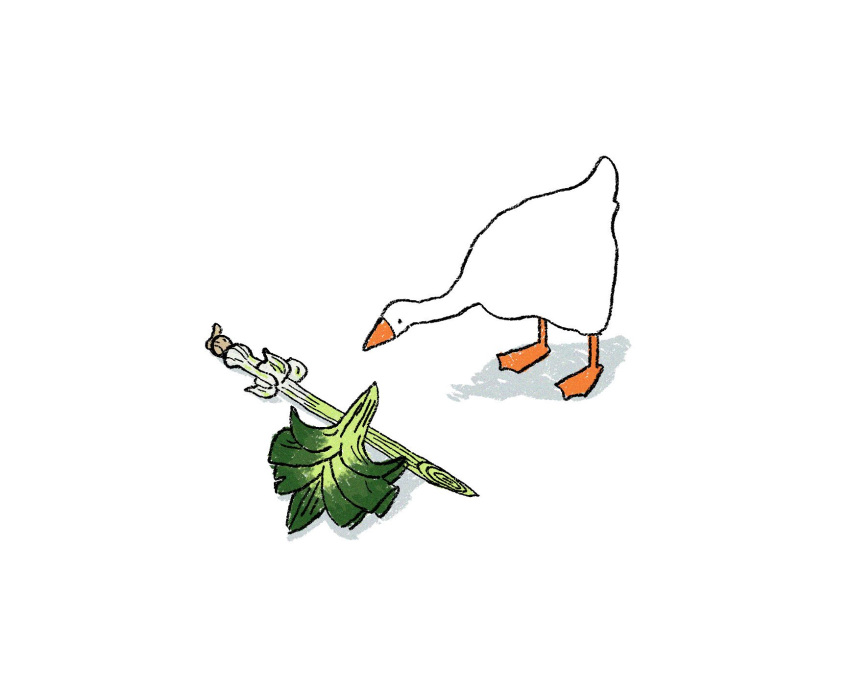 bird bird_focus fern_bautista goose goose_(untitled_goose_game) highres no_humans pokemon shield simple_background sirfetch'd solo spring_onion untitled_goose_game white_background