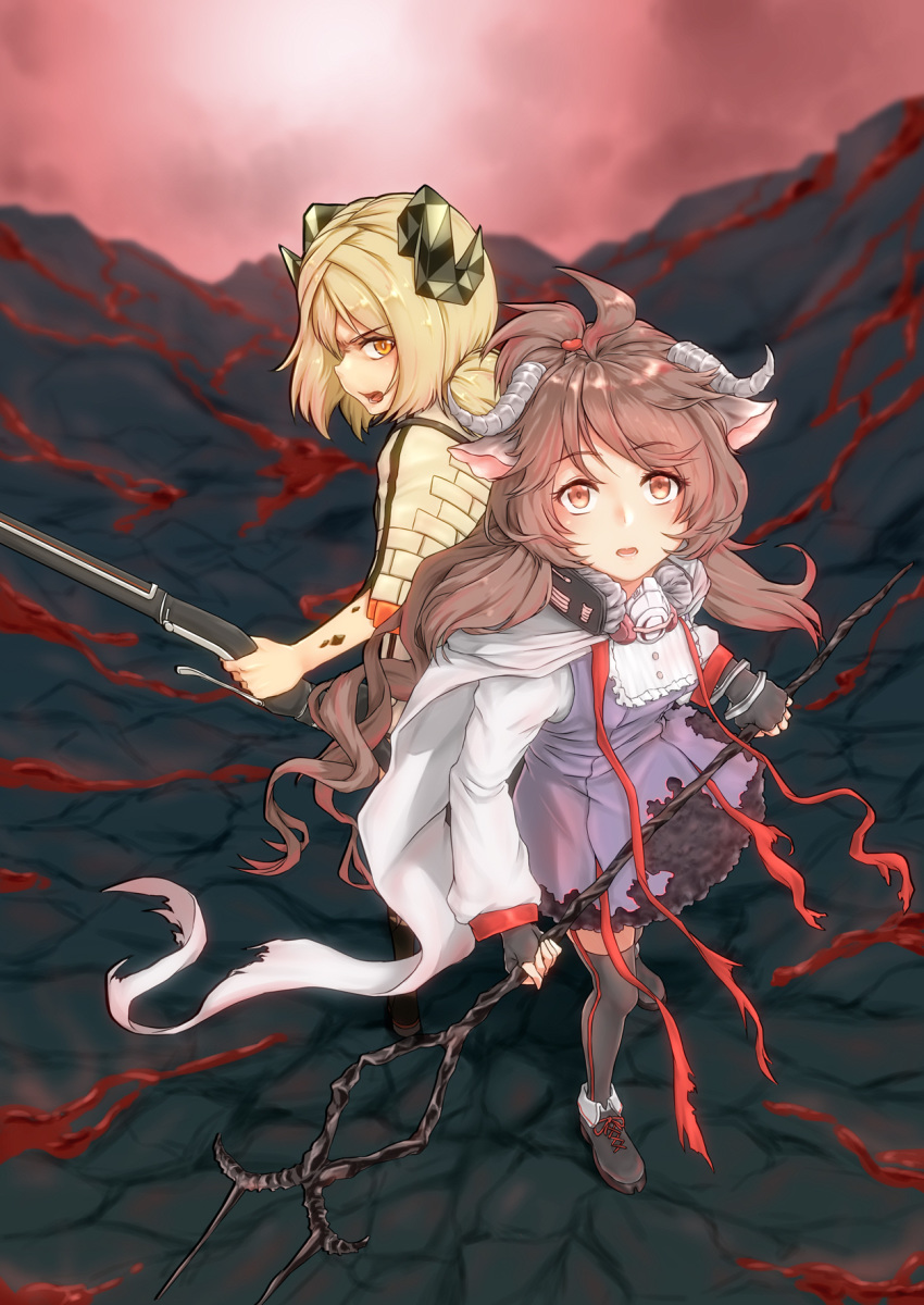 2girls ahoge animal_ears arknights bangs black_footwear black_gloves black_legwear brown_hair commentary_request curled_horns dress eyebrows_visible_through_hair eyjafjalla_(arknights) fingerless_gloves from_above gloves gun hair_ornament highres holding holding_gun holding_staff holding_weapon horns ifrit_(arknights) long_hair long_sleeves looking_at_viewer multiple_girls orange_eyes pantyhose rifle sheep_horns shoes short_hair staff standing thighhighs twintails weapon yamauchi_(conan-comy)