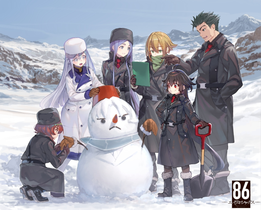 1boy 5girls 86_-eightysix- :&lt; ahoge angel_emma black_coat black_footwear black_hair black_headwear blue_sky boots breasts brown_gloves brown_hair brown_legwear bucket bucket_on_head closed_mouth coat day eyebrows_visible_through_hair frederica_rosenfort fur-trimmed_boots fur-trimmed_gloves fur_hat fur_trim gloves green_eyes green_scarf grey_eyes grey_hair hand_in_pocket hand_on_hip hat holding holding_shovel knee_boots krena_kukumira large_breasts long_hair long_sleeves looking_at_another looking_away multiple_girls necktie object_on_head open_mouth outdoors panties parted_lips pointing purple_eyes purple_hair raiden_suga red_eyes red_hair red_neckwear scarf seoto_rikka shirabi short_hair shovel sky smile snow snowman squatting standing underwear very_long_hair vladilena_millize white_headwear