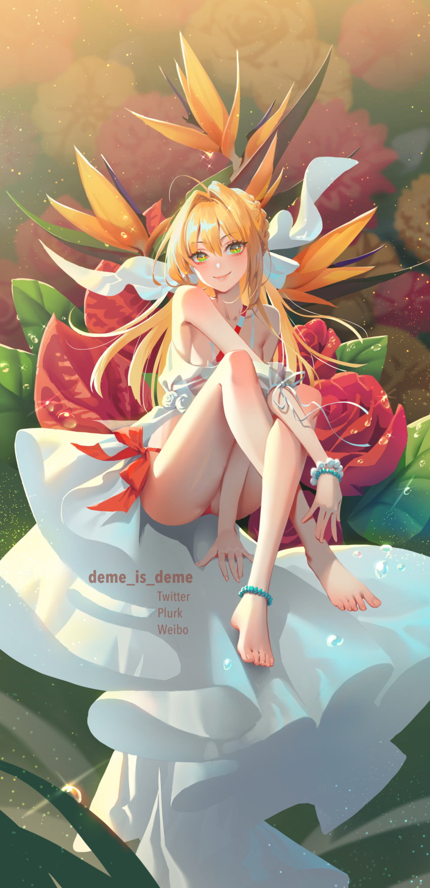 1girl absurdres ahoge anklet anthurium bangs barefoot bead_anklet bead_bracelet beads between_legs bikini bikini_under_clothes bird_of_paradise blonde_hair blush bracelet braid braided_bun breasts criss-cross_halter crossed_ankles dew_drop dress eyelashes fate/grand_order fate_(series) floral_background flower full_body gown green_eyes hair_between_eyes hair_intakes hair_ribbon halterneck hand_between_legs highres jewelry karesuki knees_up legs light_particles long_hair looking_at_viewer minigirl nero_claudius_(fate)_(all) nero_claudius_(swimsuit_caster)_(fate) red_bikini red_flower red_rose ribbon rose see-through sheer_clothes showgirl_skirt side-tie_bikini sitting sleeveless sleeveless_dress smile solo spaghetti_strap sparkle striped striped_bikini swimsuit toenails twitter_username water_drop white_ribbon
