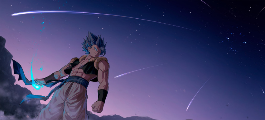 1boy abs arms_at_sides baggy_pants blue_eyes blue_hair blue_sky chest clenched_hand comet dragon_ball dragon_ball_super_broly energy energy_ball feet_out_of_frame frown gogeta highres looking_afar looking_away male_focus mattari_illust mountain night night_sky outdoors pants purple_sky shaded_face sky smile spiked_hair standing star_(sky) starry_sky super_saiyan_blue waistcoat white_pants wide_shot wristband