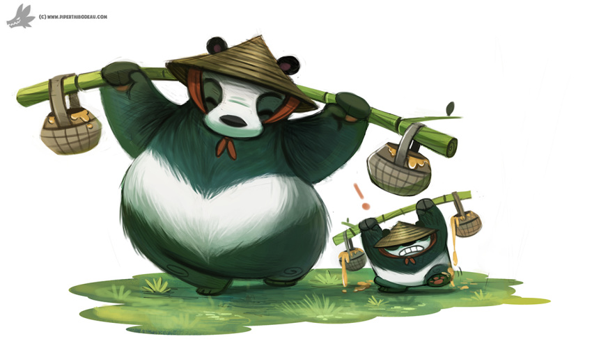 bamboo clothing cryptid-creations cub duo giant_panda grass hat headgear headwear mammal ursid young