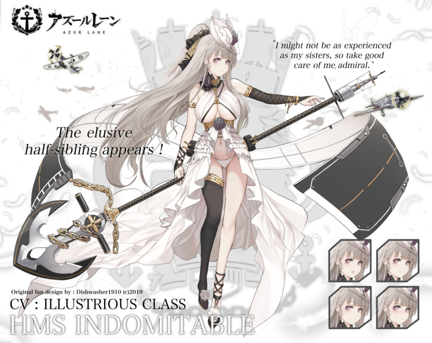 1girl aircraft anchor azur_lane breasts bridal_gauntlets chain cleavage dishwasher1910 english_commentary feathers flight_deck full_body gloves grey_hair hair_ribbon hat holding holding_staff indomitable_(azur_lane) large_breasts long_hair mast mismatched_gloves mismatched_legwear multiple_views navel purple_eyes ribbon single_thighhigh smile staff thighhighs underboob white_background white_bikini_bottom