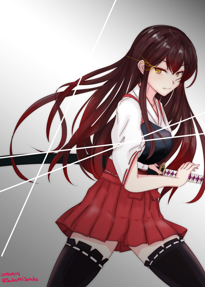 1girl 2019 absurdres akagi_(kantai_collection) artist_request bangs black_legwear breasts brown_hair collarbone commentary commentary_request cowboy_shot dated eyebrows_visible_through_hair gradient gradient_background gradient_hair green_eyes hair_between_eyes hakama hakama_skirt highres holding holding_sword holding_weapon japanese_clothes kantai_collection katana kimono long_hair looking_at_viewer multicolored_hair muneate parted_lips pleated_skirt pose red_hair red_hakama remodel_(kantai_collection) ribbon ribbon-trimmed_legwear ribbon_trim scabbard sheath skirt slash smile solo sword tasuki twitter_username weapon white_kimono white_ribbon yellow_eyes