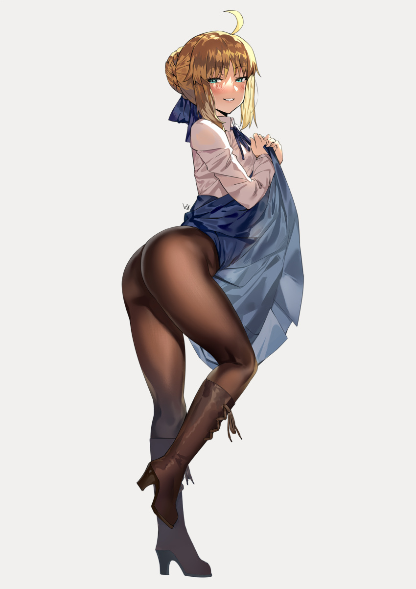 1girl ahoge artoria_pendragon_(all) ass bangs blonde_hair blue_ribbon blue_skirt blush boots breasts brown_footwear brown_legwear cross-laced_footwear dress_shirt fate/stay_night fate_(series) full_body green_eyes hair_between_eyes hair_bun hair_ribbon high_heel_boots high_heels highres knee_boots lace-up_boots legs long_hair long_skirt long_sleeves looking_at_viewer nanaya_(daaijianglin) paid_reward pantyhose parted_lips patreon_reward ribbon saber shirt sidelocks simple_background skirt skirt_lift small_breasts smile solo thighs white_background white_shirt