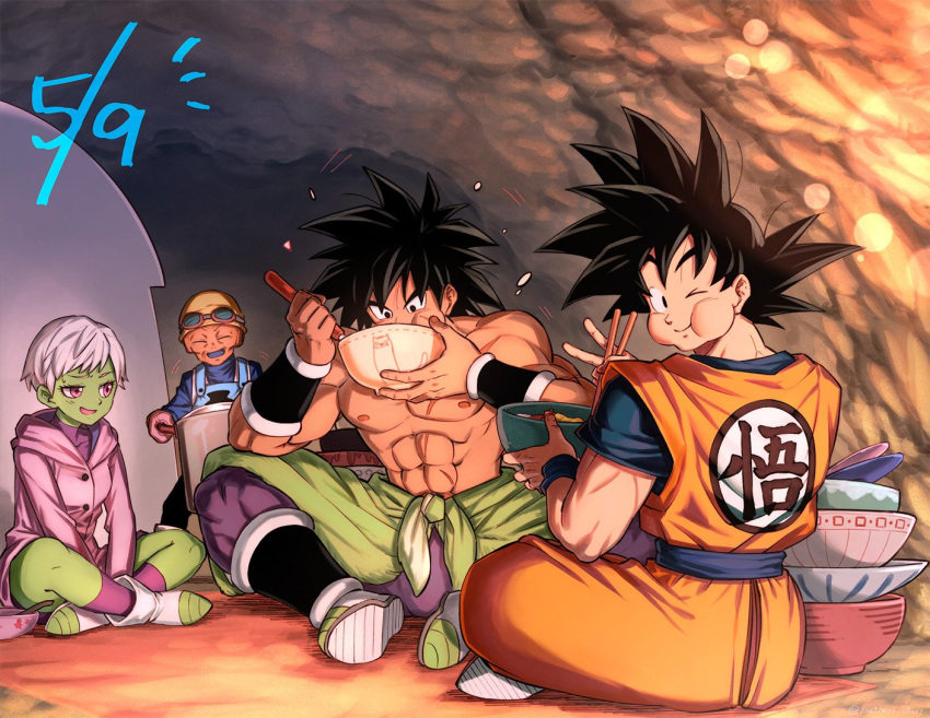 1girl 3boys :d ;) ^_^ abs apron backlighting bah_(dragon_ball) black_eyes black_hair blurry bokeh boots bowl broly_(dragon_ball_super) cave cheelai chest_scar chopsticks closed_eyes clothes_writing coat depth_of_field dougi dragon_ball dragon_ball_super eating eyelashes eyewear_on_head eyewear_removed facial_scar fingernails full_body goggles goggles_on_head green_skin happy hat holding holding_bowl holding_chopsticks holding_pot holding_spoon indian_style indoors lemo_(dragon_ball) looking_at_another looking_back looking_down mattari_illust multiple_boys nervous number objectification one_eye_closed open_mouth orange_skin pot puffy_cheeks purple_coat purple_eyes purple_legwear scar scar_on_cheek shirtless short_hair sitting smile son_gokuu spiked_hair spoon sweatdrop v very_short_hair waist_cape white_hair wristband yellow_headwear