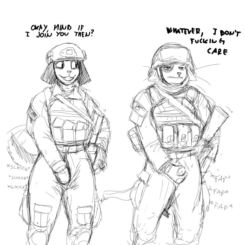 1:1 2019 anthro armor bucky_(hladilnik) canid canine canis clothing dialogue domestic_cat domestic_dog duo english_text felid feline felis female headgear helmet hi_res hladilnik male mammal masturbation military samantha_thott simple_background text