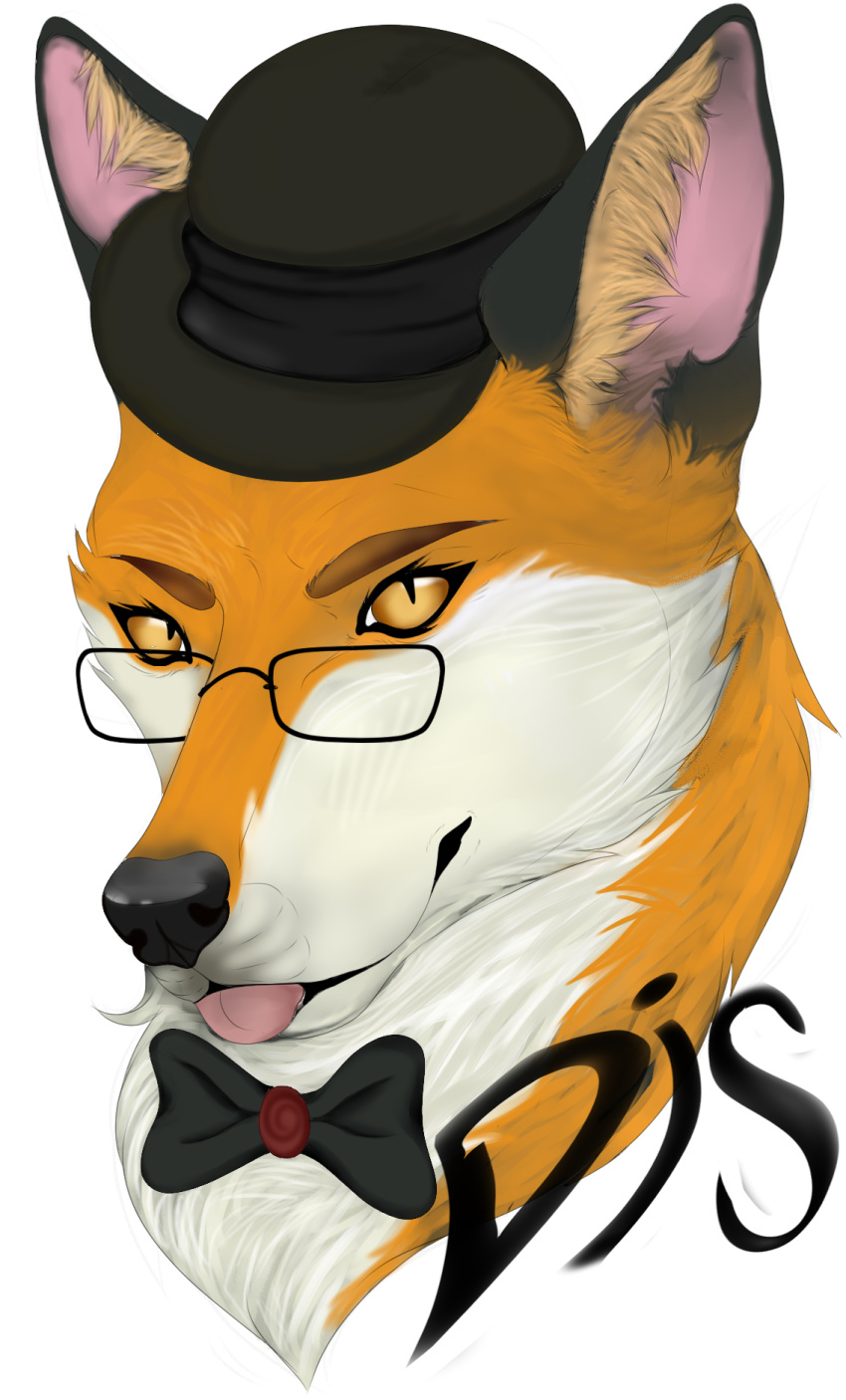 2019 amber_eyes bow_tie bowler_hat canid canine clothing digital_media_(artwork) dis elena elena(artist) eyewear fox fur glasses hat head_shot headgear headwear hi_res looking_at_viewer mammal simple_background smile solo tongue