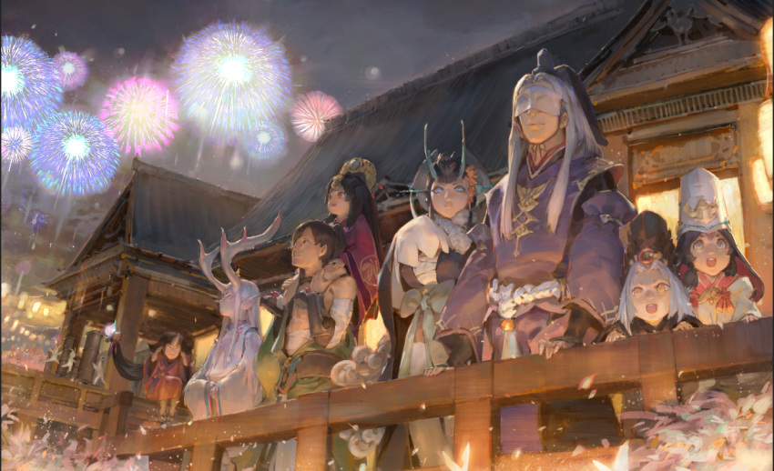 1boy 6+girls bandaged_arm bandages bare_shoulders bell black_eyes black_hair blue_eyes closed_mouth covered_nipples fireworks flower grey_eyes headgear horns japanese_clothes kimono krenz multiple_girls onmyoji open_mouth orange_eyes outdoors petals pink_eyes pink_flower pointy_ears shirtless smile vambraces white_hair