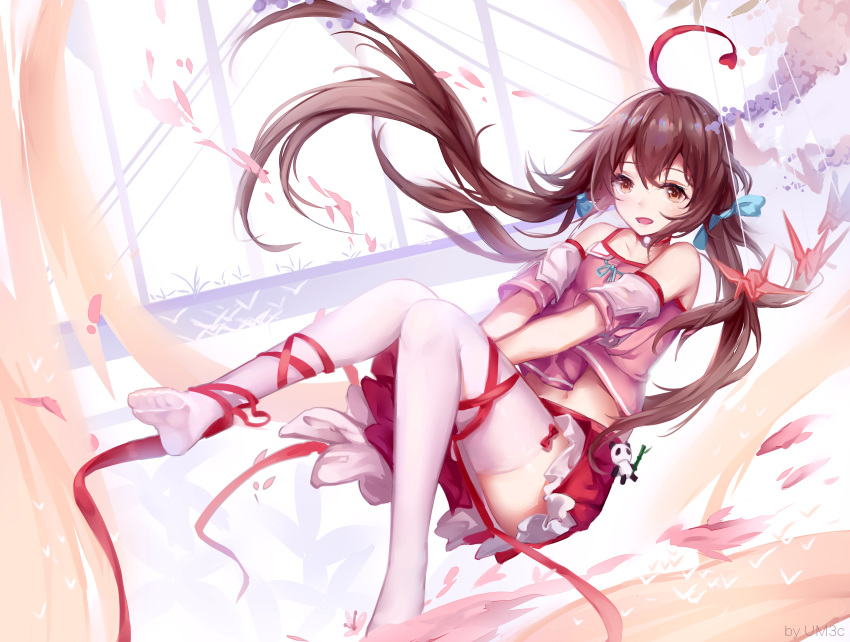 black_hair feet hand_on_hip highres kneehighs long_hair looking_at_viewer miniskirt panda red_ribbon ribbon shinka_musume shinka_musume_channel skirt virtual_youtuber white_legwear yusan