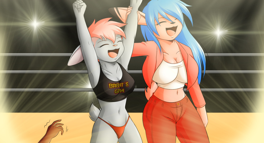 animal_strife big_breasts bikini blue_hair breasts clothing female fire_conejo fur grey_fur hair hi_res humor lagomorph leporid long_hair mammal mohawk_(disambiguation) pink_fur pink_hair pose rabbit swimwear