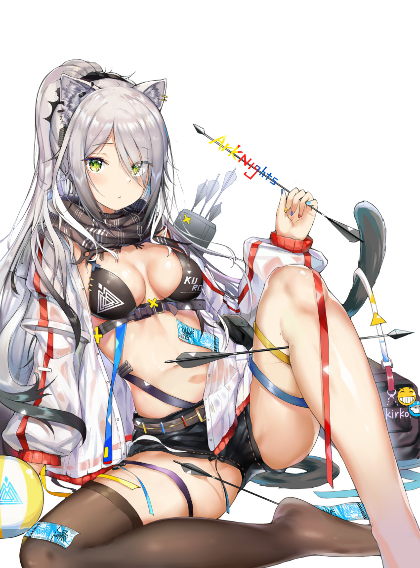 1girl animal_ears araragikoyomis arknights arm_support bag ball bangs bare_shoulders beachball belt bikini black_bikini black_hair black_scarf black_shorts breasts cat_ears cleavage closed_mouth earrings gradient_hair green_eyes highres holding jacket jewelry knee_up large_breasts long_hair looking_at_viewer multicolored multicolored_hair multicolored_nails multiple_earrings navel off_shoulder open_clothes open_jacket ponytail quiver ribbon scarf schwarz_(arknights) short_shorts shorts sidelocks silver_hair simple_background single_thighhigh sitting solo stomach swimsuit thighhighs thighs very_long_hair white_background