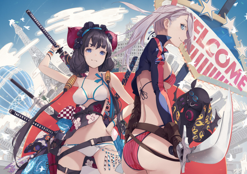 american_flag_bikini ass asymmetrical_hair bangs bikini blue_eyes bow bracelet breasts brown_gloves checkered checkered_bow cloud cloudy_sky commentary eiffel_tower fate/grand_order fate_(series) flag_print floral_print gloves gunblade hair_bun holding holding_sword holding_weapon jewelry katana katsushika_hokusai_(fate/grand_order) katsushika_hokusai_(swimsuit_saber)_(fate) kodamazon leg_belt looking_at_viewer miyamoto_musashi_(fate/grand_order) miyamoto_musashi_(swimsuit_berserker)_(fate) multiple_swords perky_breasts shrug_(clothing) silver_hair sky swept_bangs swimsuit sword sword_behind_back thigh_strap two-tone_swimsuit weapon weapon_on_back white_bikini white_bird