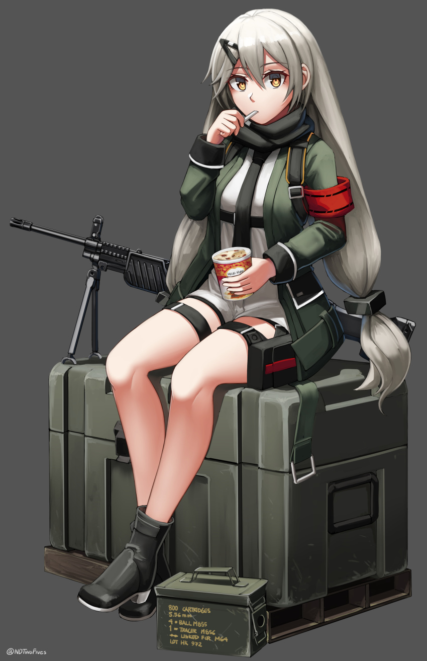 1girl absurdres bangs black_footwear black_neckwear black_scarf black_shorts boots breasts brown_eyes commentary_request eyebrows_visible_through_hair fingernails full_body girls_frontline green_jacket grey_background gun h&amp;k_mg4 haagen-dazs hair_between_eyes hair_ornament hairclip highres holding holding_spoon jacket long_hair long_sleeves looking_at_viewer machine_gun mg4_(girls_frontline) ndtwofives necktie object_namesake open_clothes open_jacket scarf shirt short_shorts shorts silver_hair simple_background sitting small_breasts solo spoon spoon_in_mouth twitter_username very_long_hair weapon white_shirt