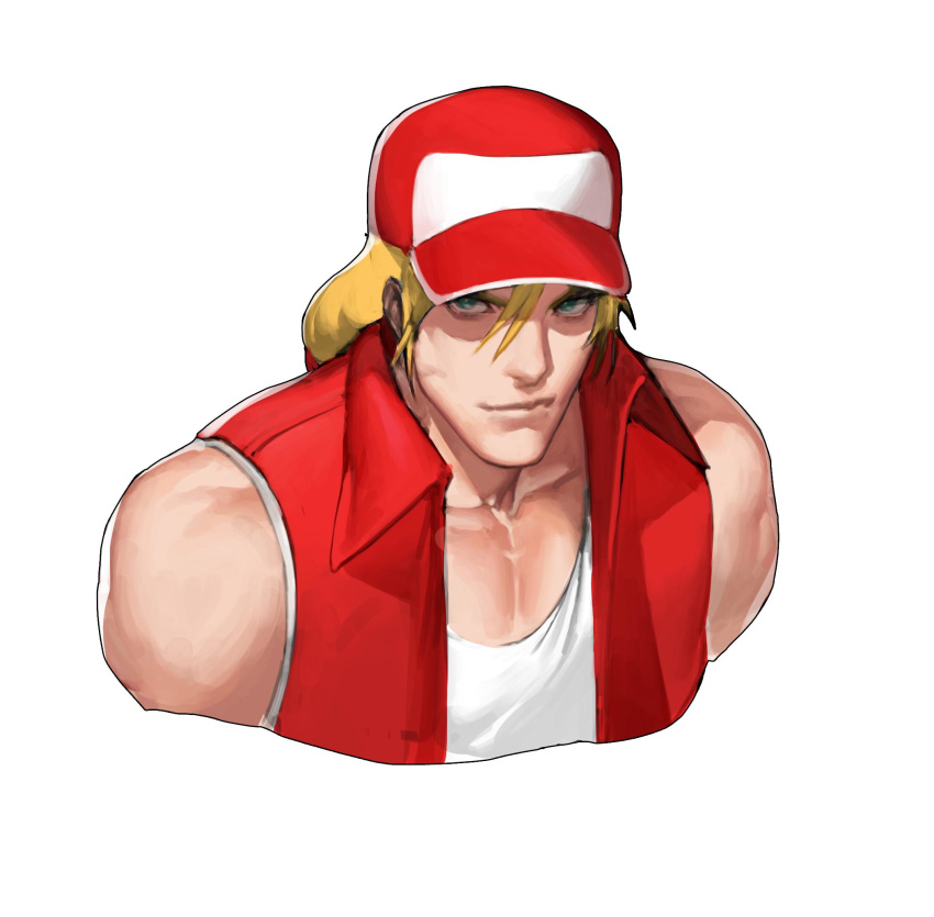 1boy bare_shoulders baseball_cap blonde_hair blue_eyes fatal_fury hair_between_eyes hat highres jacket light_smile lips long_hair looking_at_viewer male_focus muscle ponytail red_headwear red_jacket shirt simple_background sleeveless sleeveless_jacket sleeveless_shirt smile solo super_smash_bros. terry_bogard the_king_of_fighters upper_body white_background white_shirt zelus